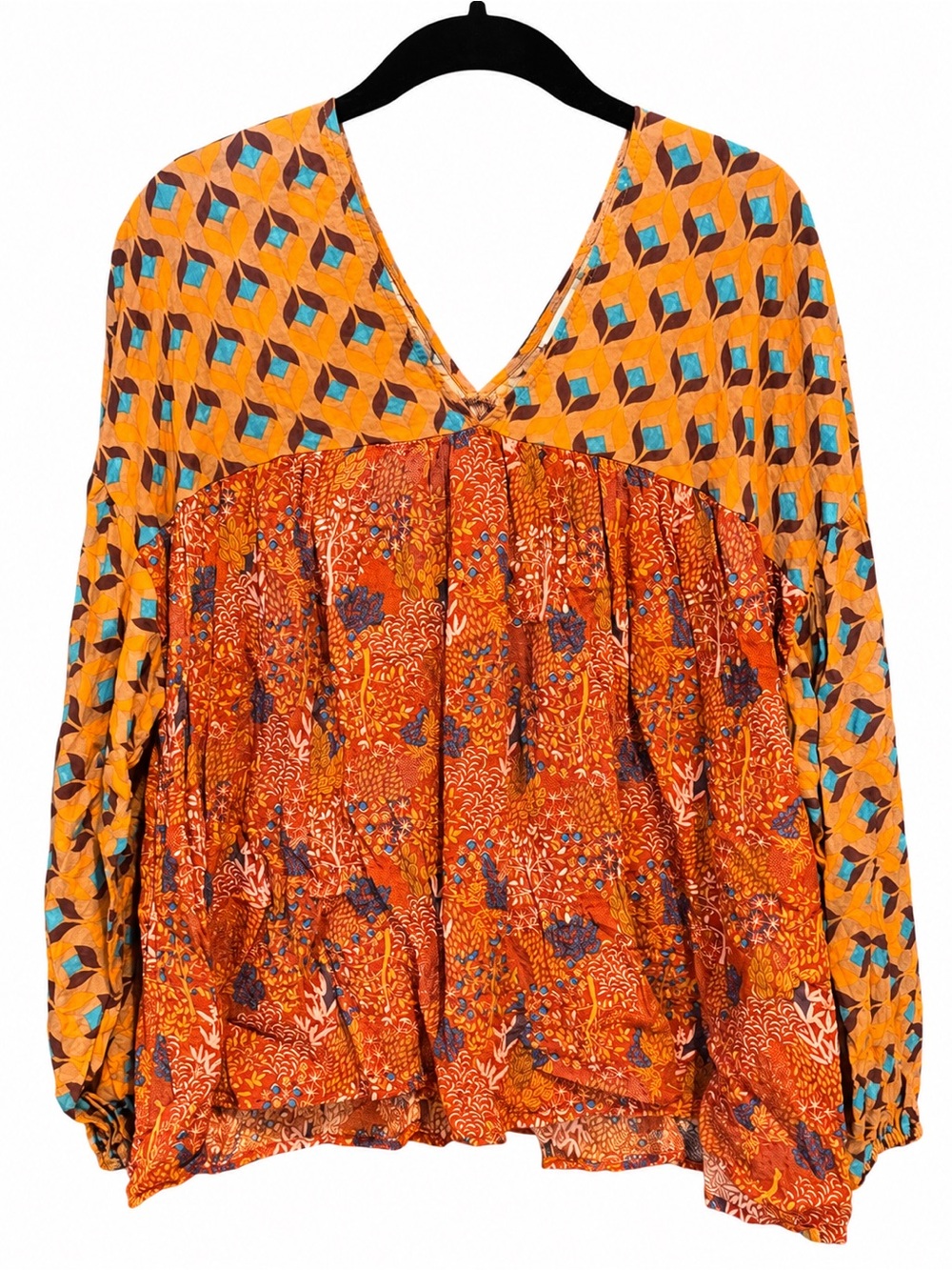 BUCKETLIST Orange & Turquoise Mixed Print Floral Peasant Tunic Top